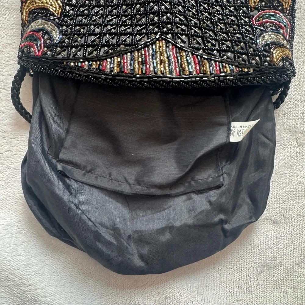 Vintage Beaded Evening Bag Black Multicolor Crescent Lattice Purse Made in Macau
